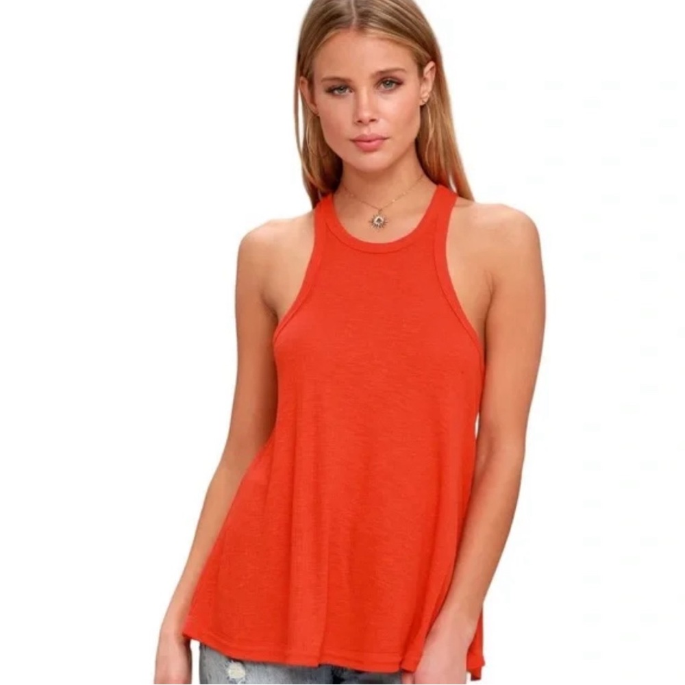 Free People Tank Top Women's Size Small Orange Red Ribbed Sleeveless Long Beach